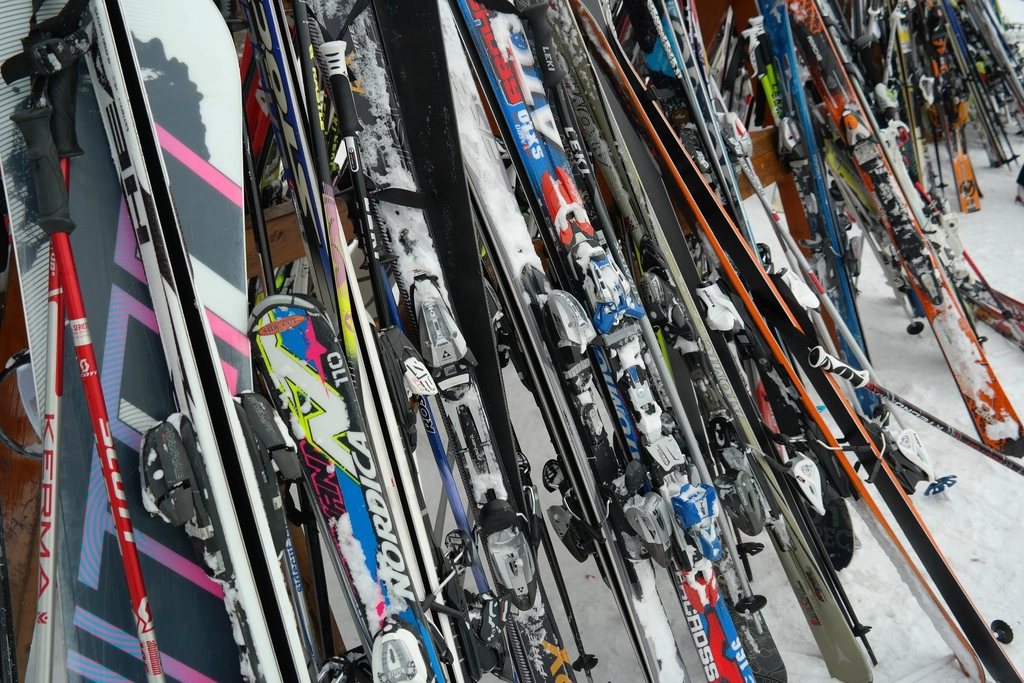 Rows of hire skis lined up in a rack