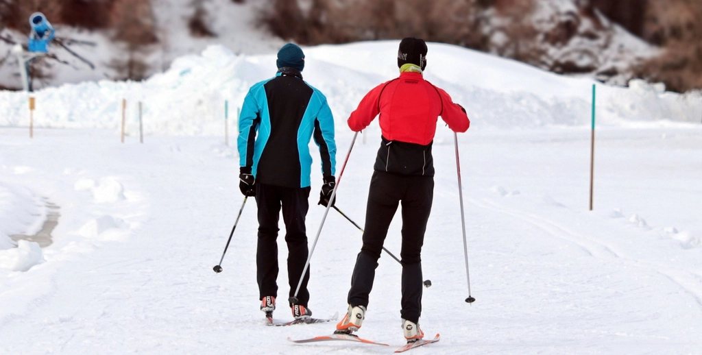 Two cross-country skiers on a snowy trail